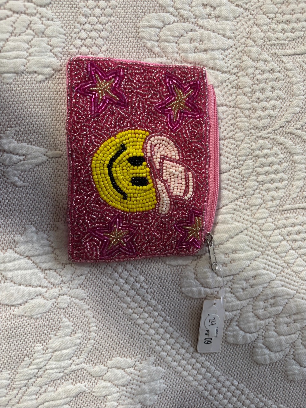 NWT boutique Beaded Pink Smiley Coin Purse gift beaded
